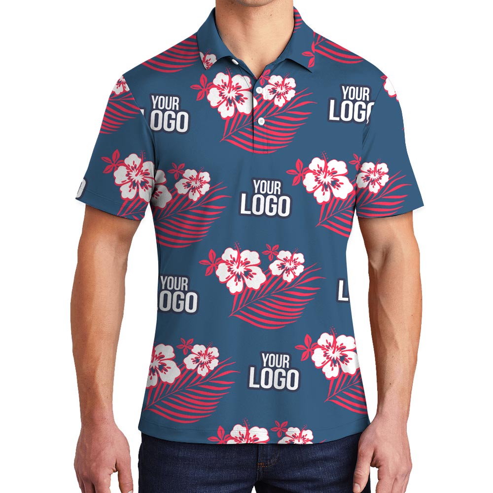 Custom Your Logo Pink Flowers Navy Aloha Polo Shirt - variant image 1