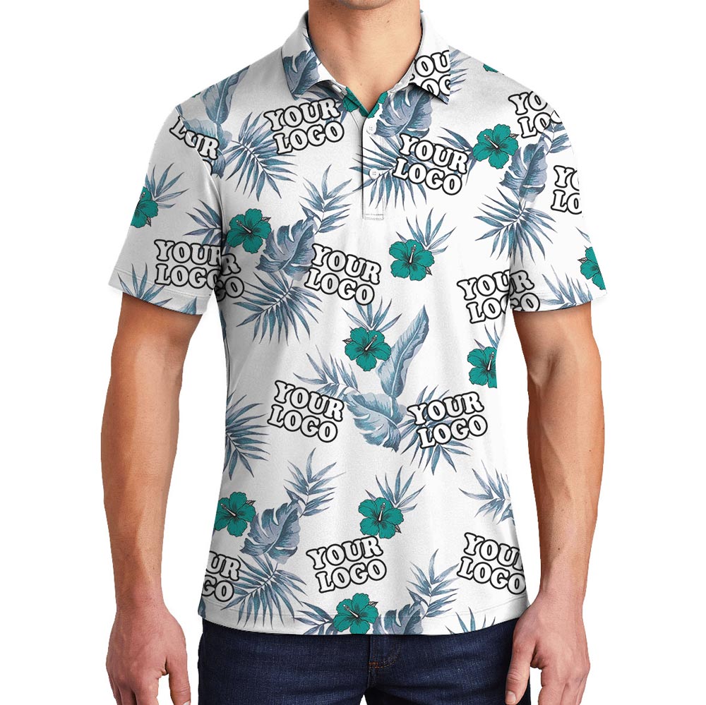 Custom Logo Green Hibiscus White Hawaiian Polo Shirt - variant image 1