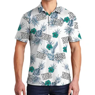 Custom Logo Green Hibiscus White Hawaiian Polo Shirt