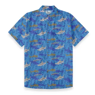 Hammerhead Shark Blue Cotton Men Button Down Aloha Shirt
