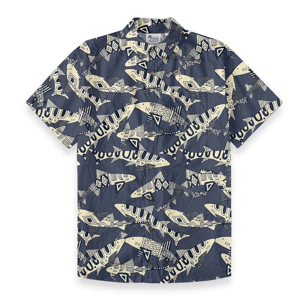 Vintage Shark Navy Hawaiian Shirt Button Down Cotton - variant image 1