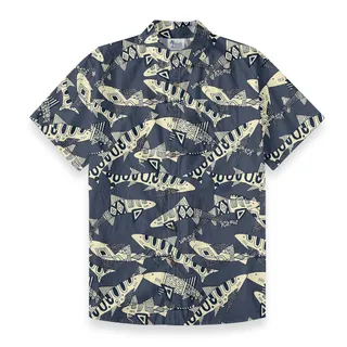 Vintage Shark Navy Hawaiian Shirt Button Down Cotton