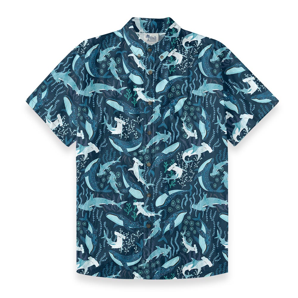 Hammerhead Shark And Whale Navy Button Down Shirt Cotton - variant image 1