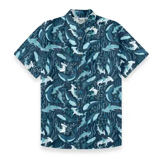 Hammerhead Shark And Whale Navy Button Down Shirt Cotton