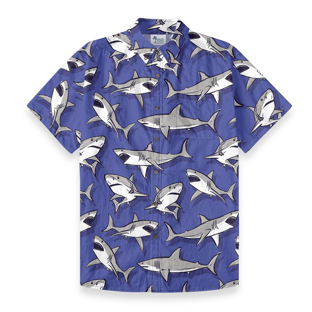 100% Cotton Shark Short Sleeve Button Down Shirt Blue - variant image 1