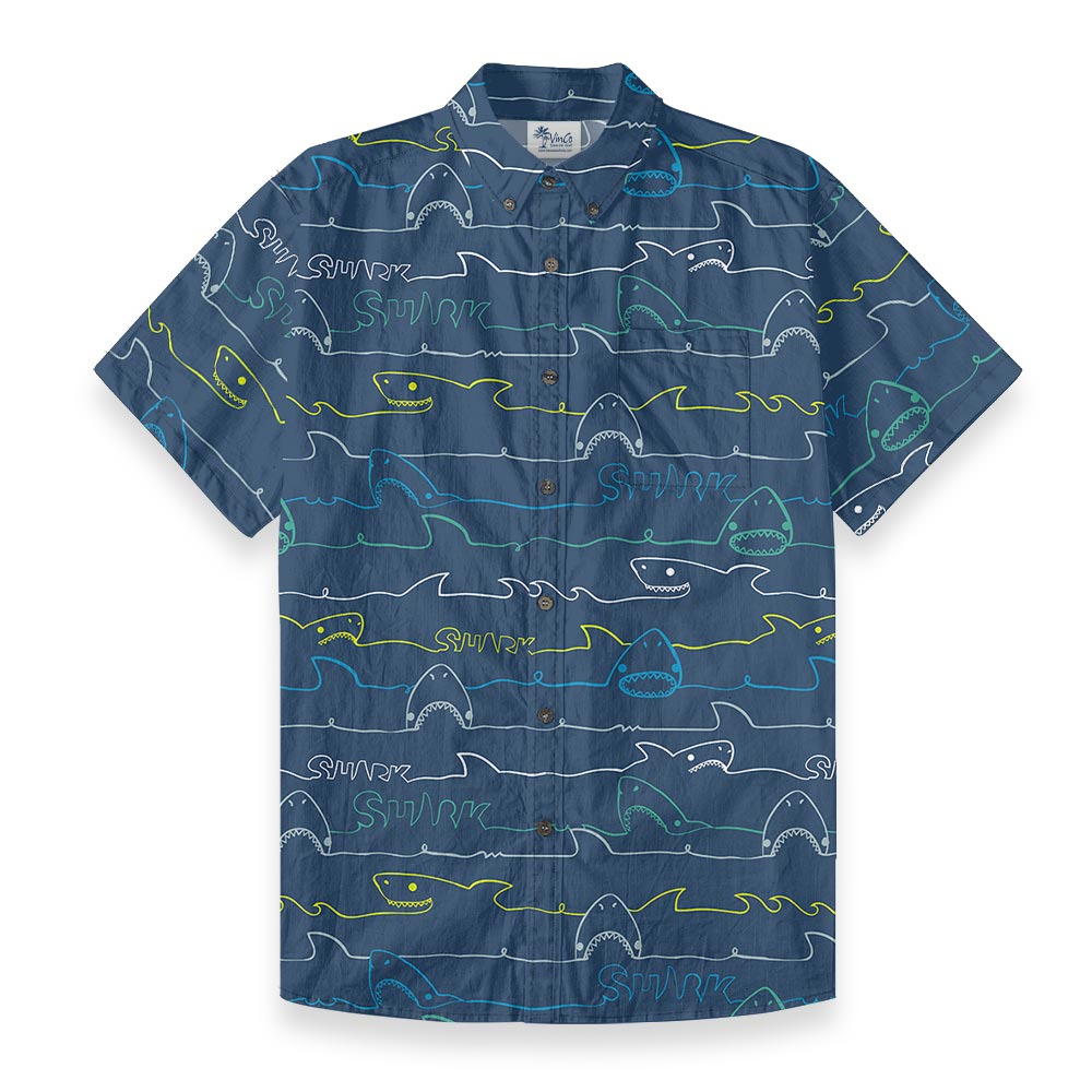 Cotton Shark Print Navy Button Down Shirt For Men - variant image 1