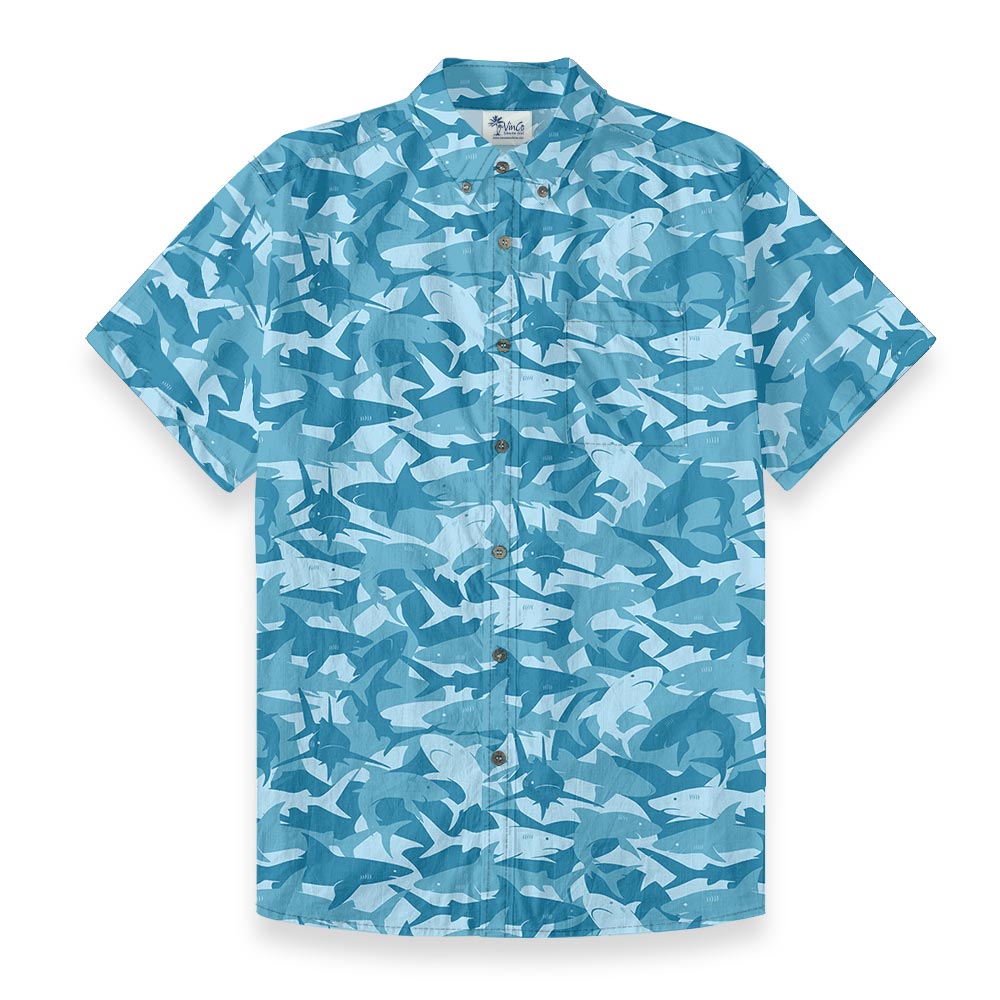 Blue Shark Print Men Button Down Hawaiian Shirt Cotton - variant image 1