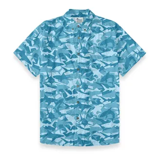 Blue Shark Print Men Button Down Hawaiian Shirt Cotton
