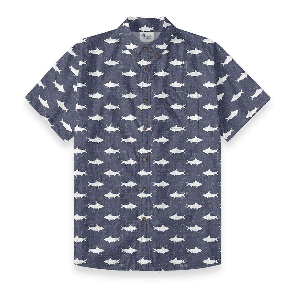 Navy Shark Cotton Men's Button Down Shirt Short Sleeve - variant image 1