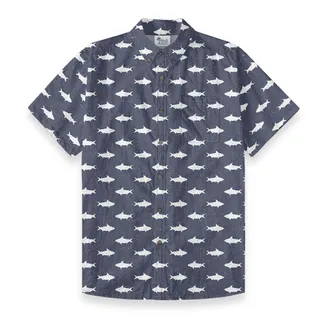 Navy Shark Cotton Men's Button Down Shirt Short Sleeve
