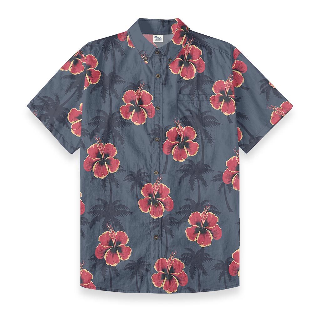 Red Hibiscus Navy Cotton Button-Down Aloha Shirt - variant image 1