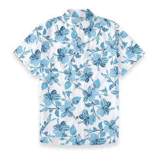 Blue Hibiscus Cotton Button Down White Hawaiian Shirt