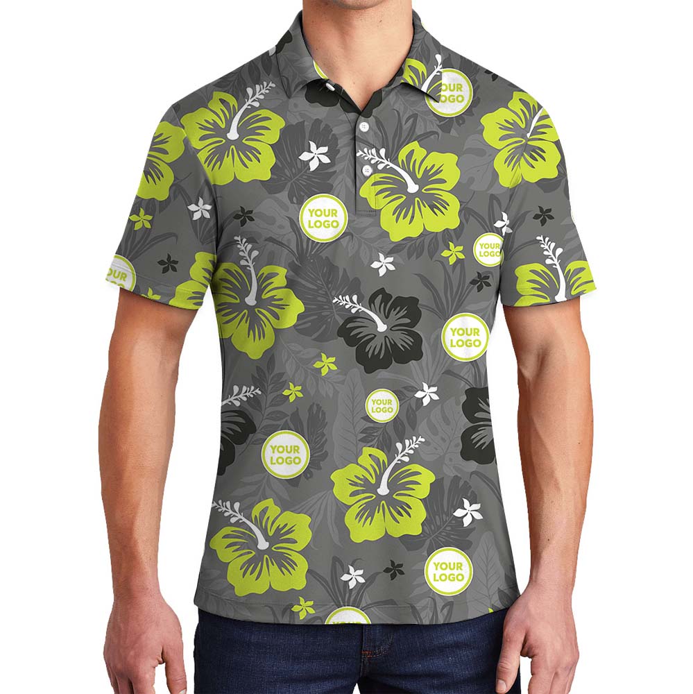 Gray Neon Floral Collared Polo Shirt With Company Logo - variant image 1