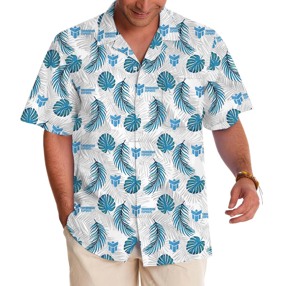 Tropical Leaves Blue And White Hawaiian Shirt With Logo