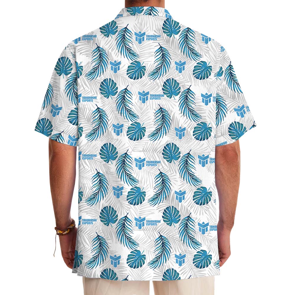 Tropical Leaves Blue And White Hawaiian Shirt With Logo