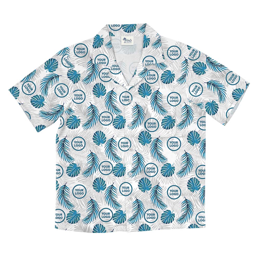 Tropical Leaves Blue And White Hawaiian Shirt With Logo