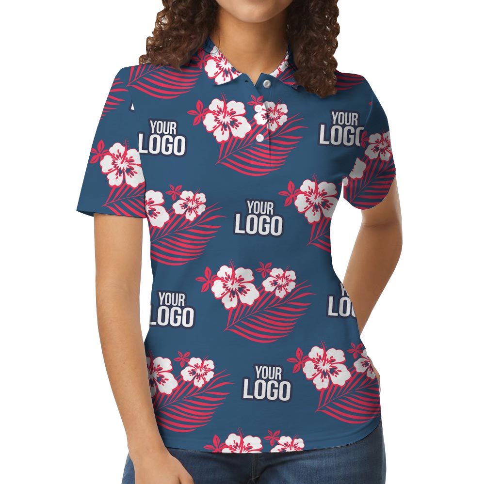 Custom Your Logo Pink Flowers Navy Aloha Polo Shirt
