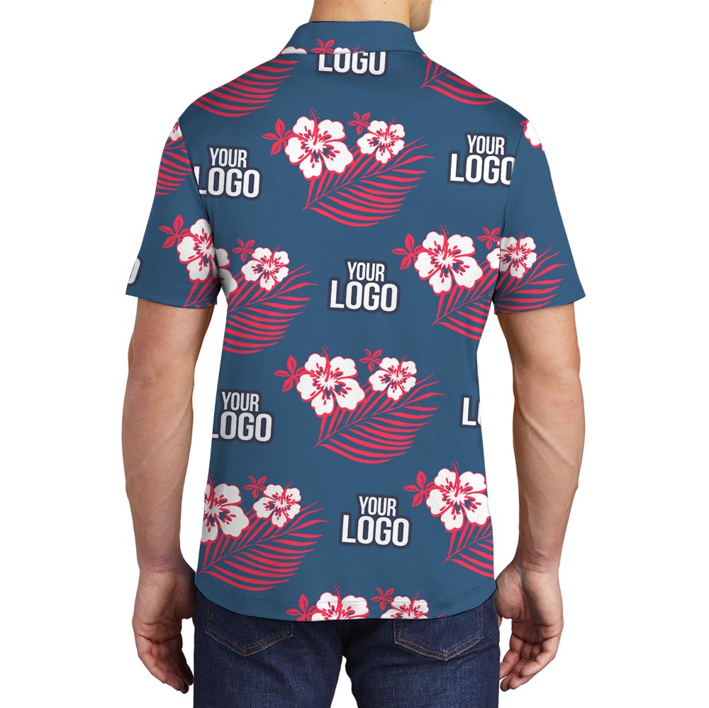 Custom Your Logo Pink Flowers Navy Aloha Polo Shirt