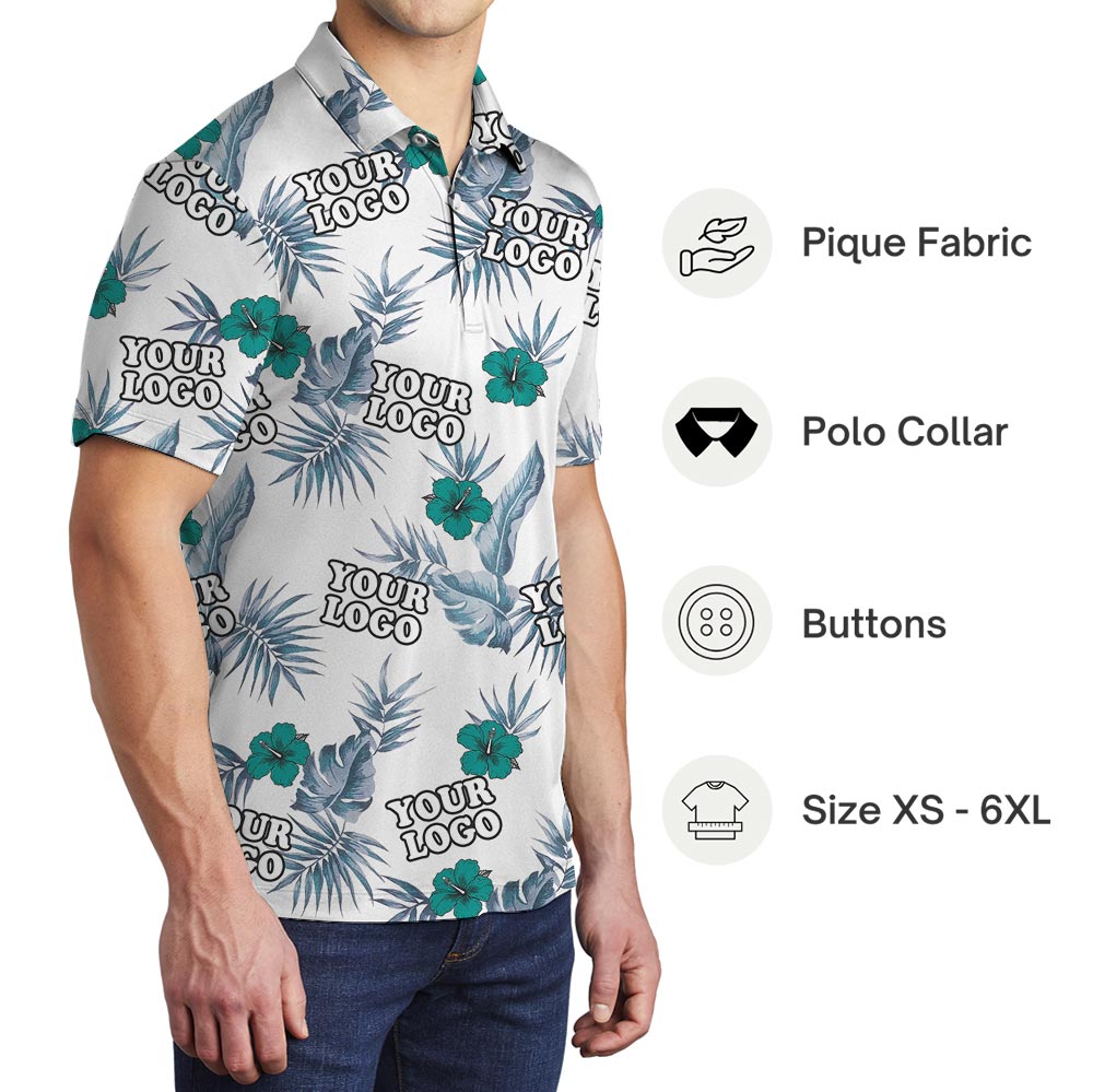 Custom Logo Green Hibiscus White Hawaiian Polo Shirt