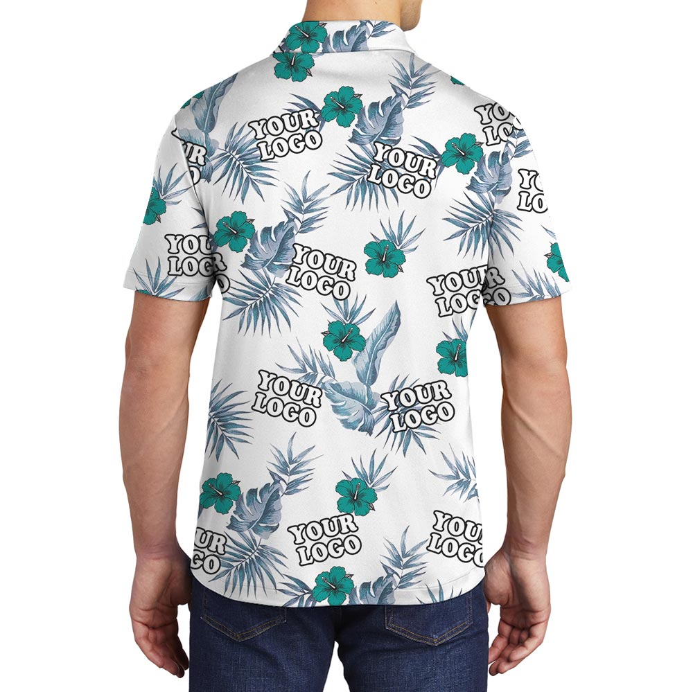 Custom Logo Green Hibiscus White Hawaiian Polo Shirt