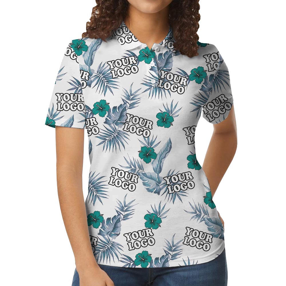 Custom Logo Green Hibiscus White Hawaiian Polo Shirt