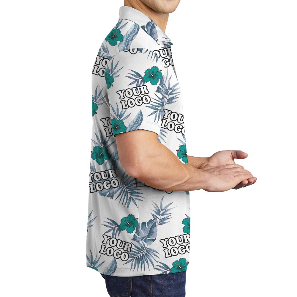 Custom Logo Green Hibiscus White Hawaiian Polo Shirt