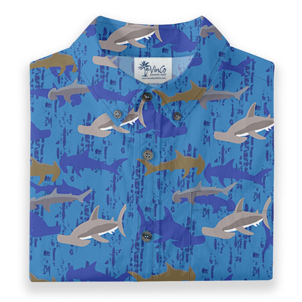 Hammerhead Shark Blue Cotton Men Button Down Aloha Shirt