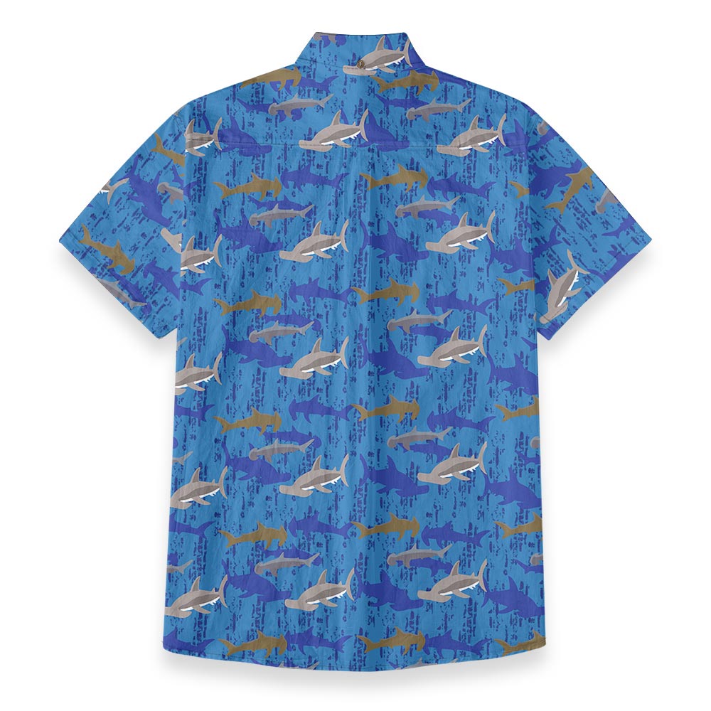 Hammerhead Shark Blue Cotton Men Button Down Aloha Shirt