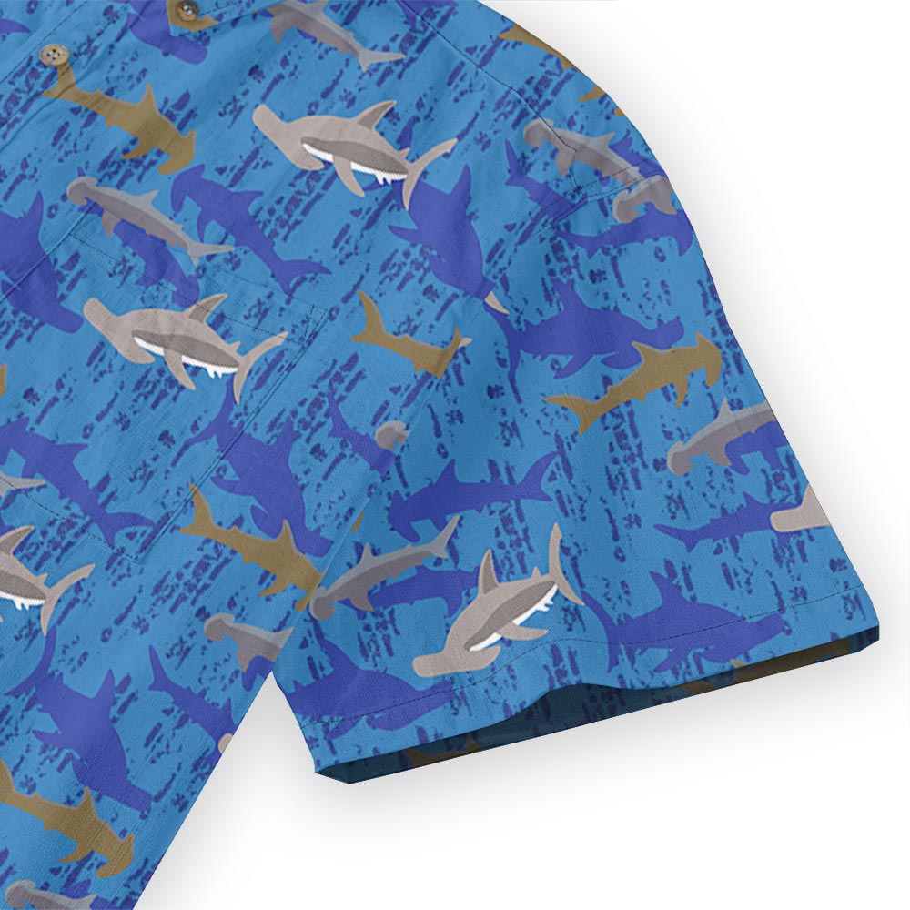 Hammerhead Shark Blue Cotton Men Button Down Aloha Shirt