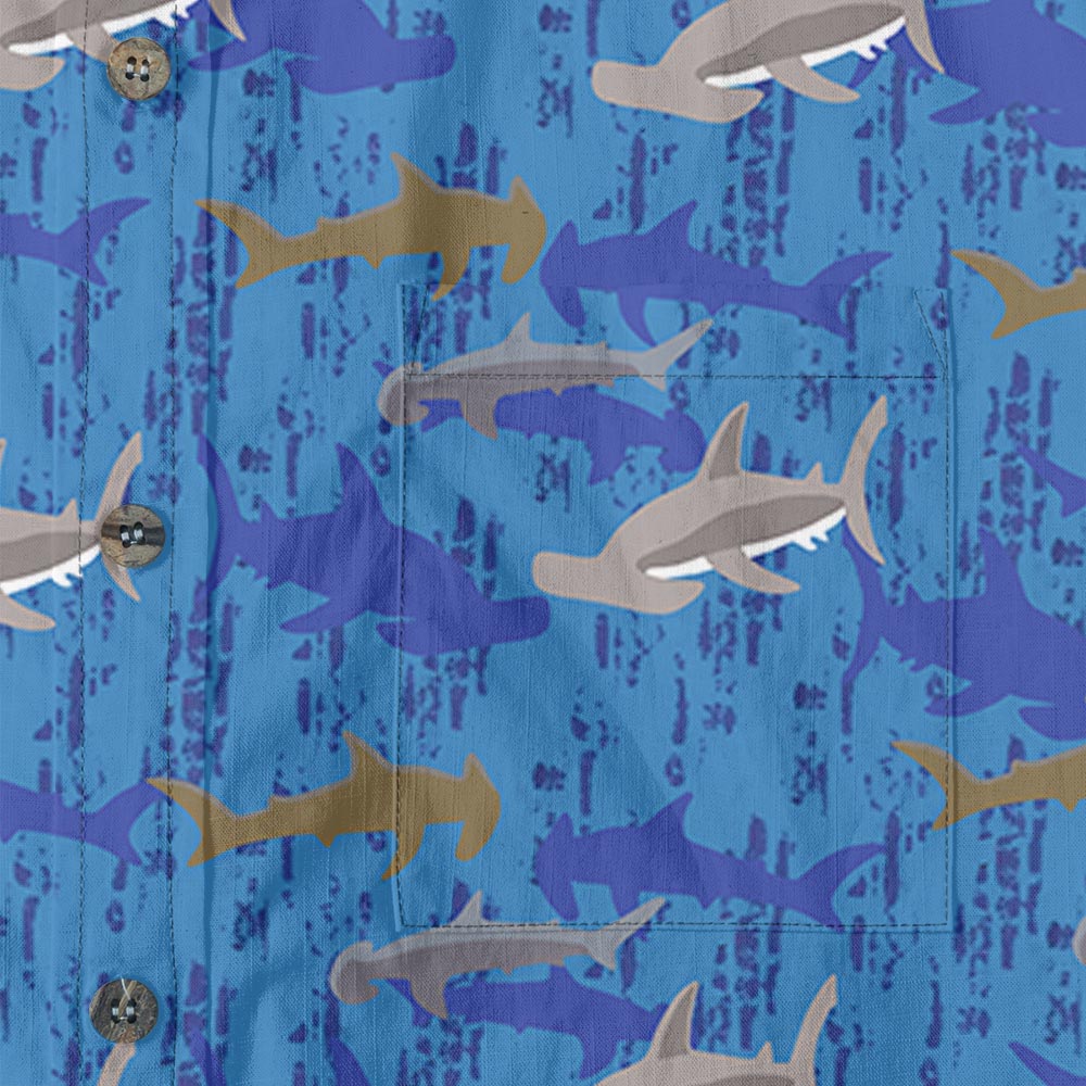 Hammerhead Shark Blue Cotton Men Button Down Aloha Shirt