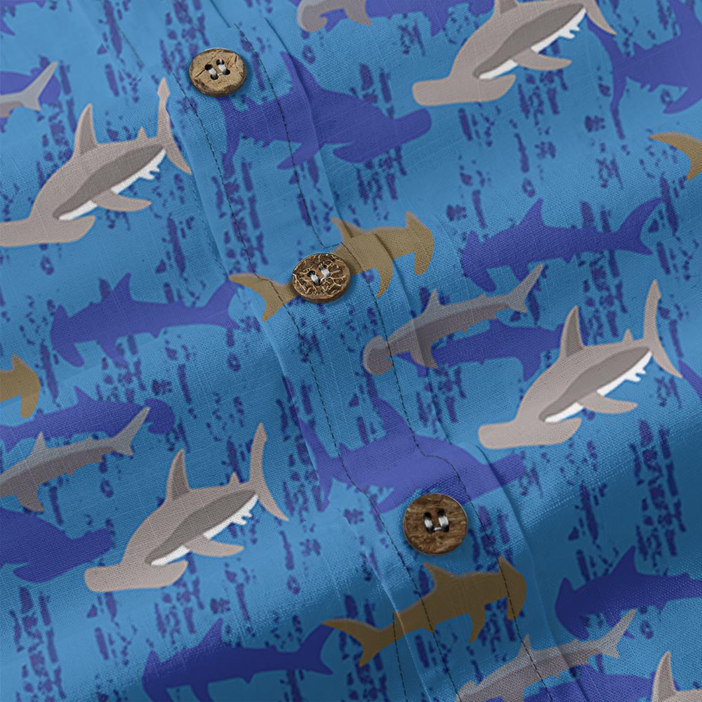 Hammerhead Shark Blue Cotton Men Button Down Aloha Shirt
