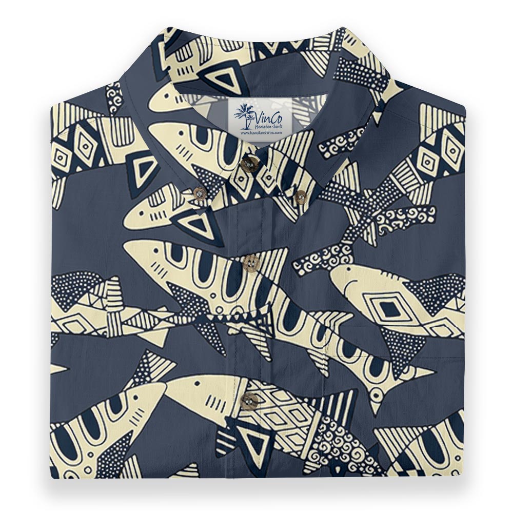 Vintage Shark Navy Hawaiian Shirt Button Down Cotton