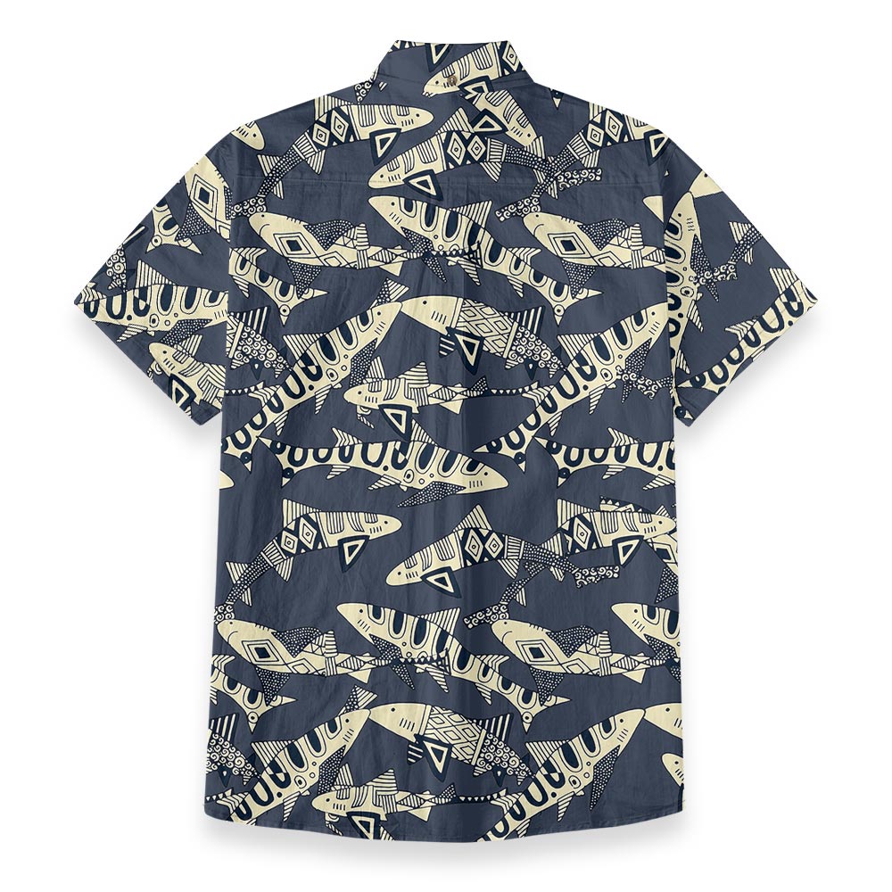 Vintage Shark Navy Hawaiian Shirt Button Down Cotton