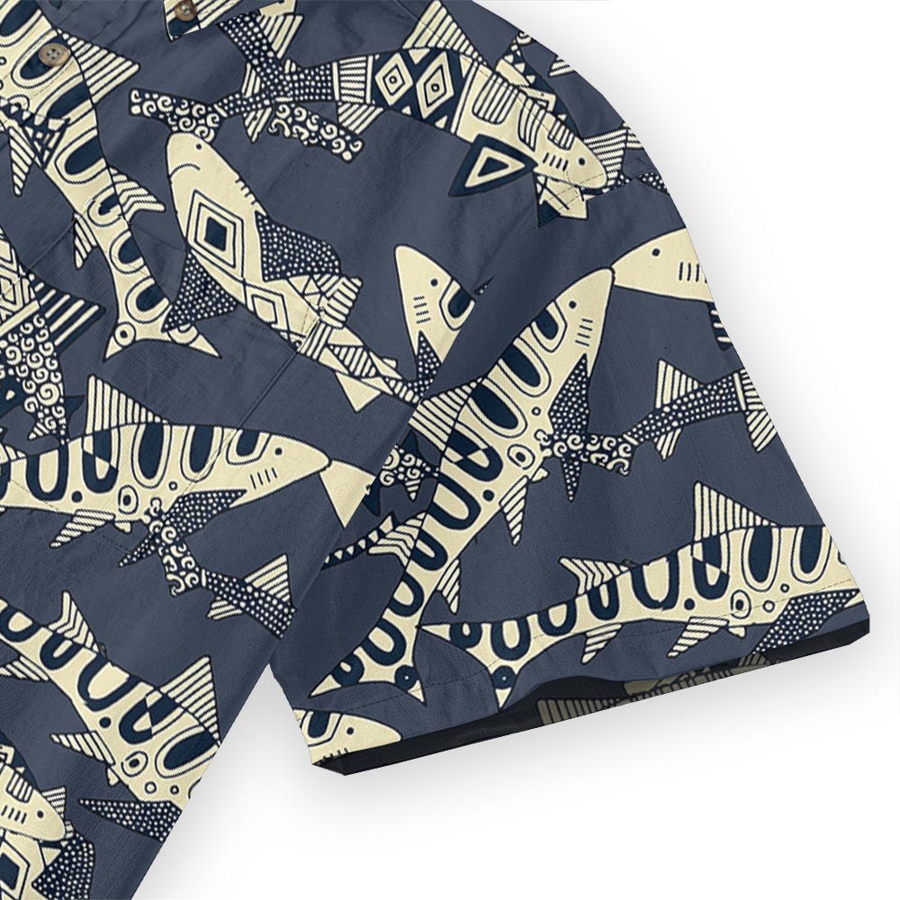 Vintage Shark Navy Hawaiian Shirt Button Down Cotton