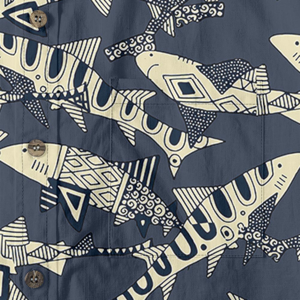 Vintage Shark Navy Hawaiian Shirt Button Down Cotton