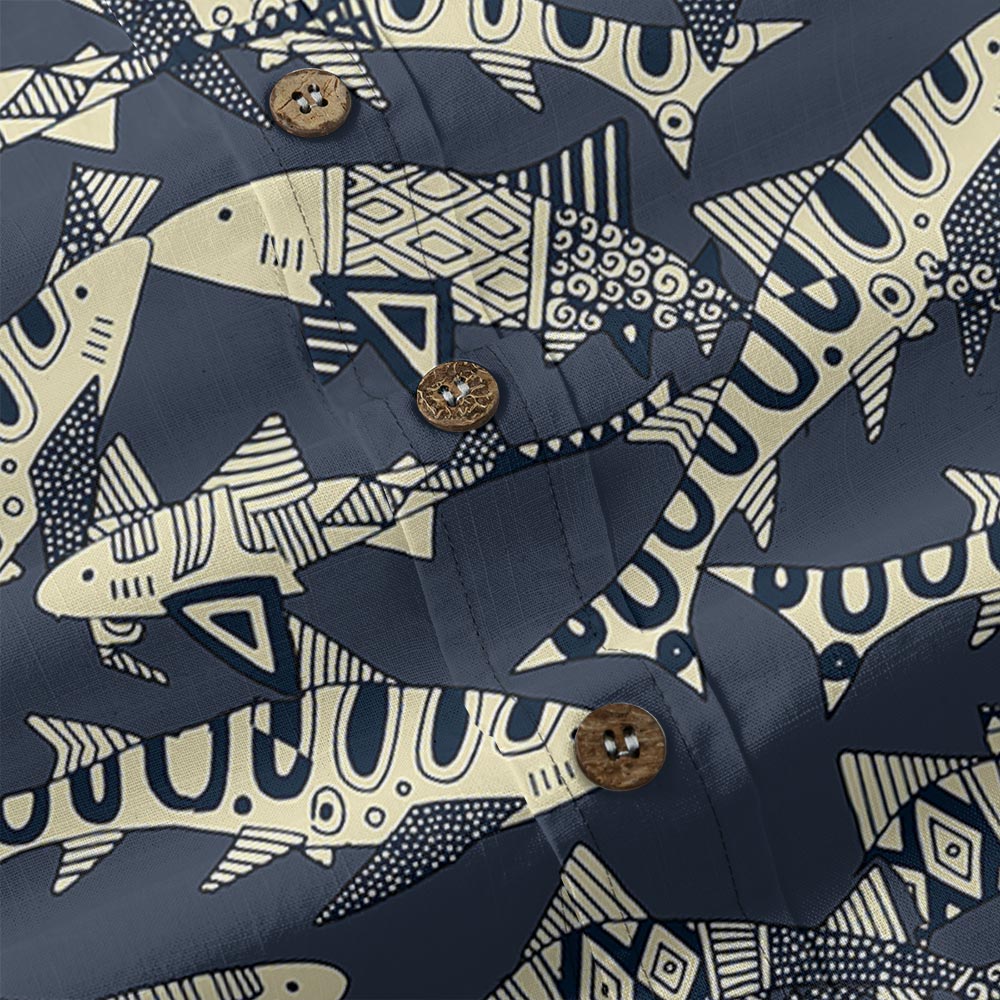 Vintage Shark Navy Hawaiian Shirt Button Down Cotton