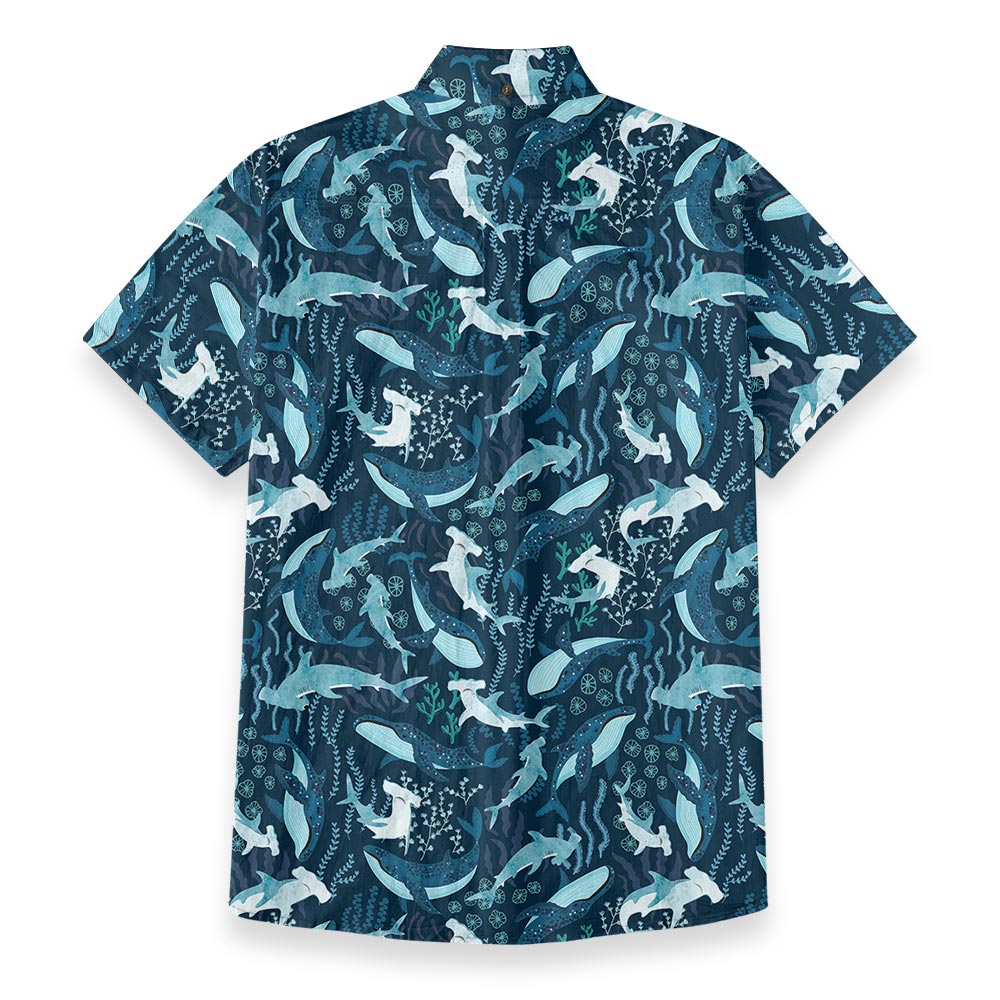 Hammerhead Shark And Whale Navy Button Down Shirt Cotton