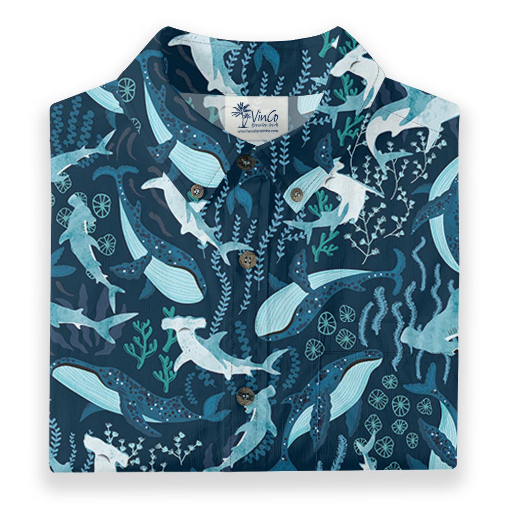 Hammerhead Shark And Whale Navy Button Down Shirt Cotton