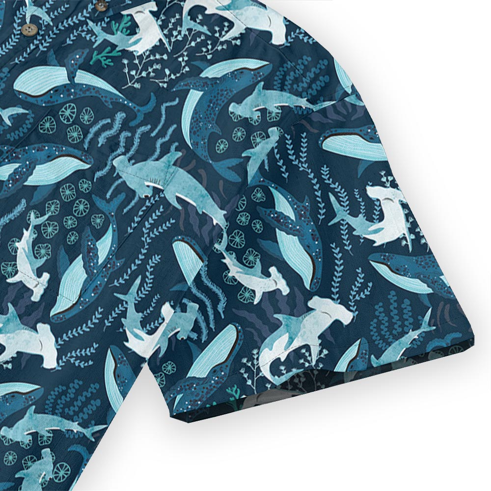 Hammerhead Shark And Whale Navy Button Down Shirt Cotton