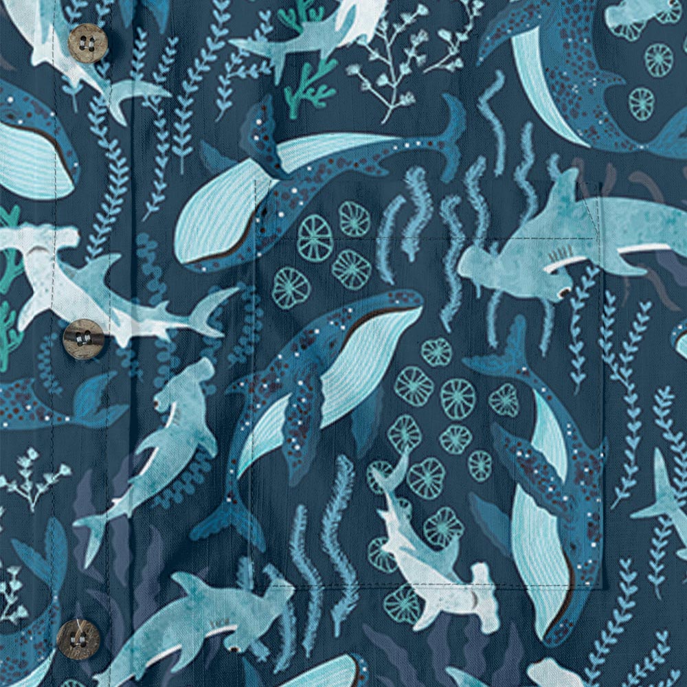 Hammerhead Shark And Whale Navy Button Down Shirt Cotton