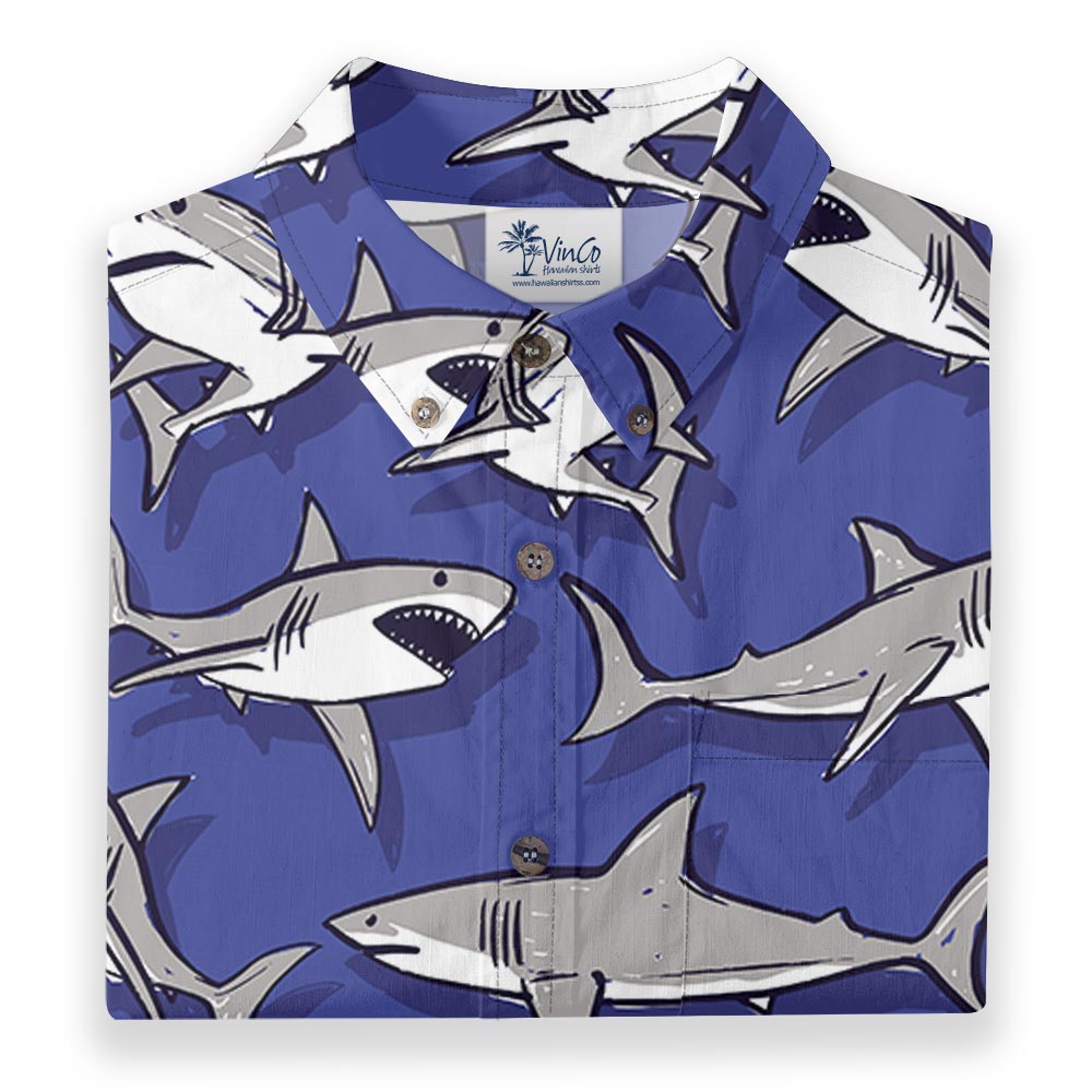 100% Cotton Shark Short Sleeve Button Down Shirt Blue