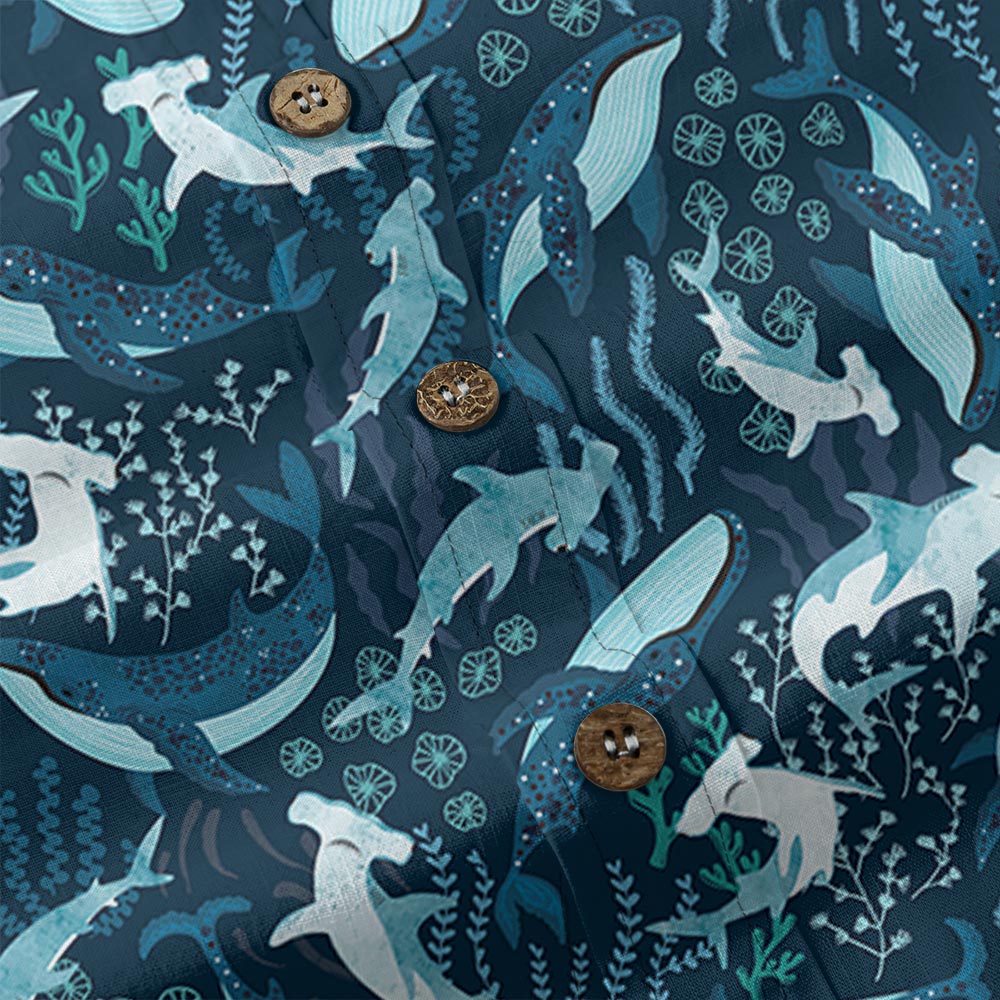 Hammerhead Shark And Whale Navy Button Down Shirt Cotton