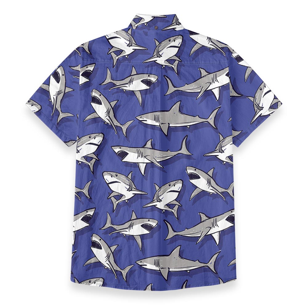 100% Cotton Shark Short Sleeve Button Down Shirt Blue