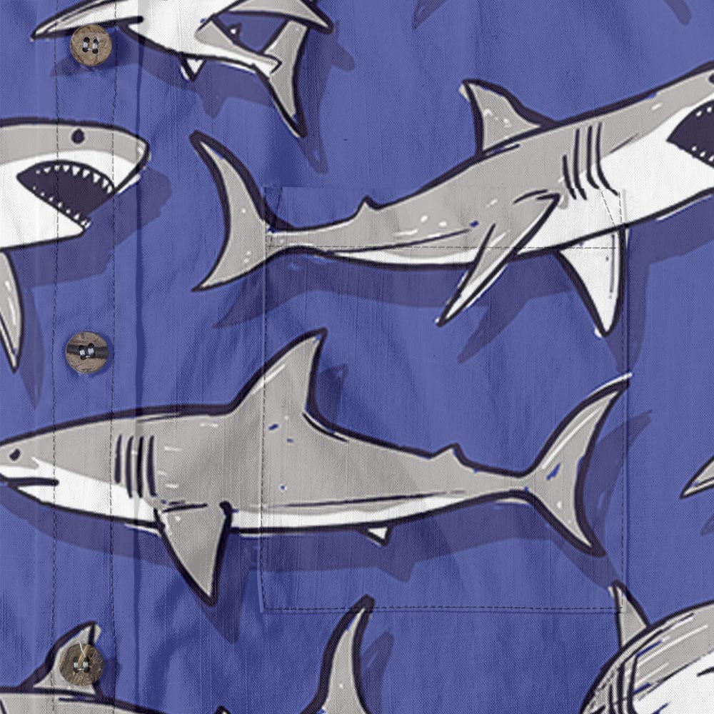 100% Cotton Shark Short Sleeve Button Down Shirt Blue