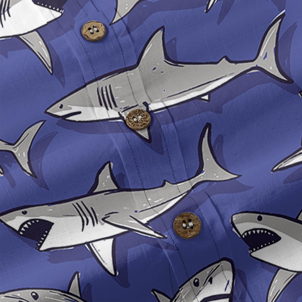 100% Cotton Shark Short Sleeve Button Down Shirt Blue