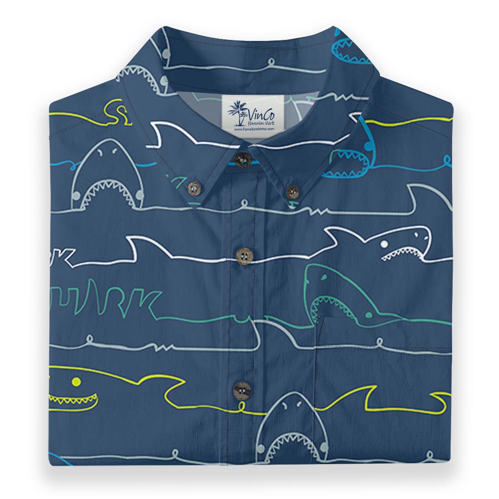 Cotton Shark Print Navy Button Down Shirt For Men