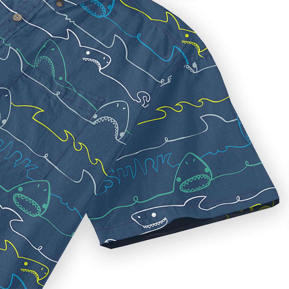 Cotton Shark Print Navy Button Down Shirt For Men