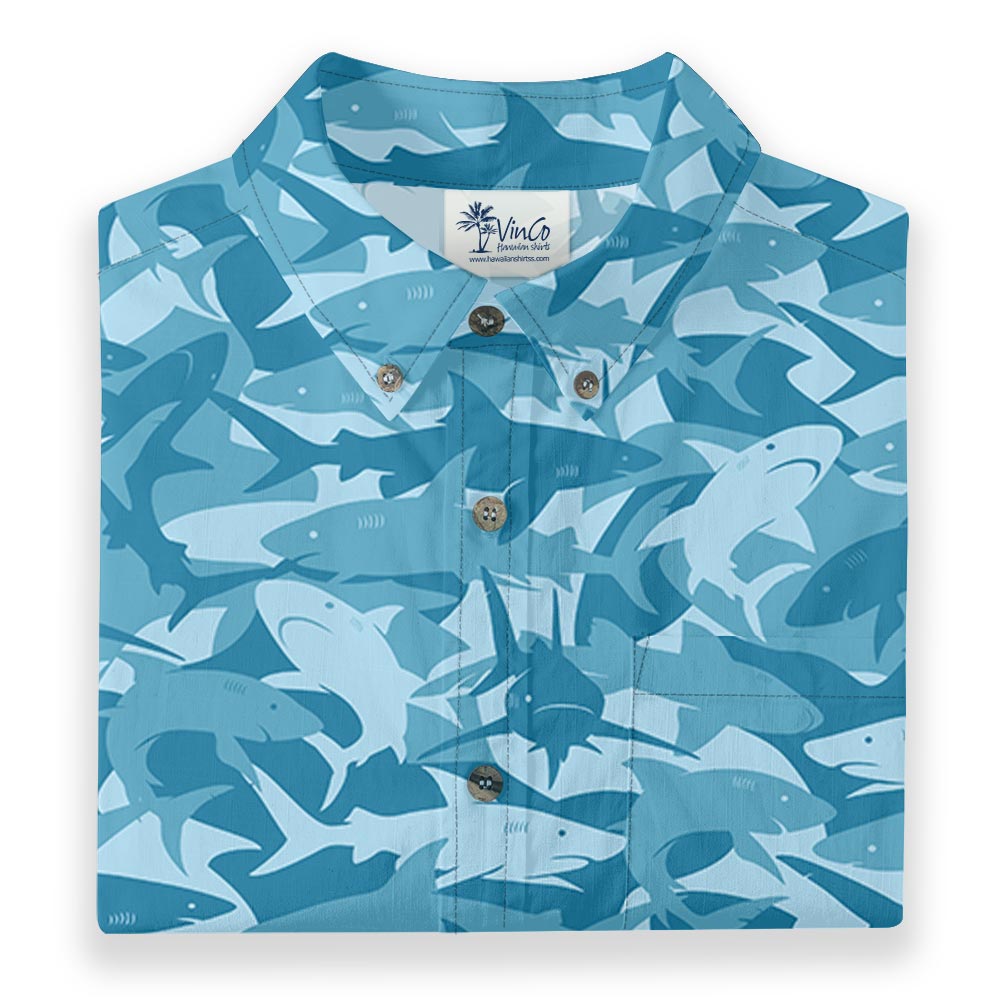 Blue Shark Print Men Button Down Hawaiian Shirt Cotton