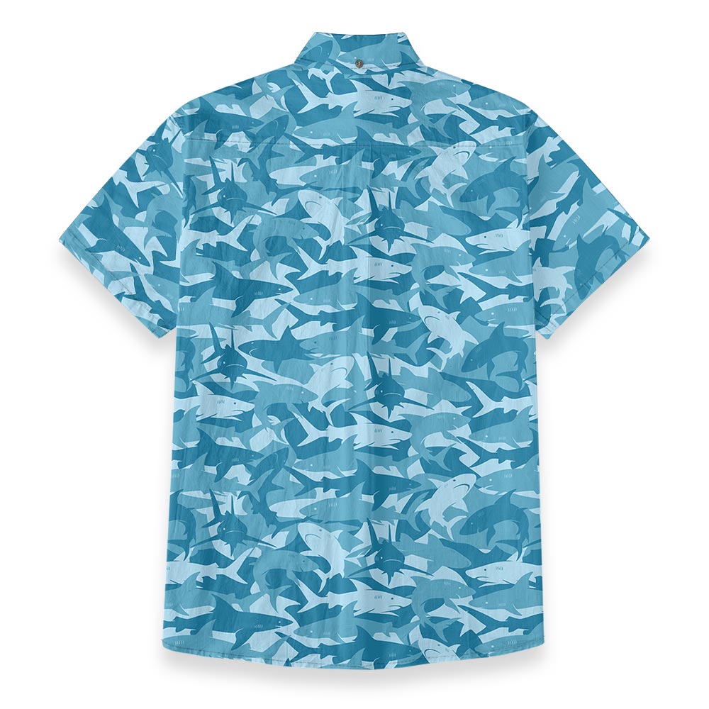 Blue Shark Print Men Button Down Hawaiian Shirt Cotton