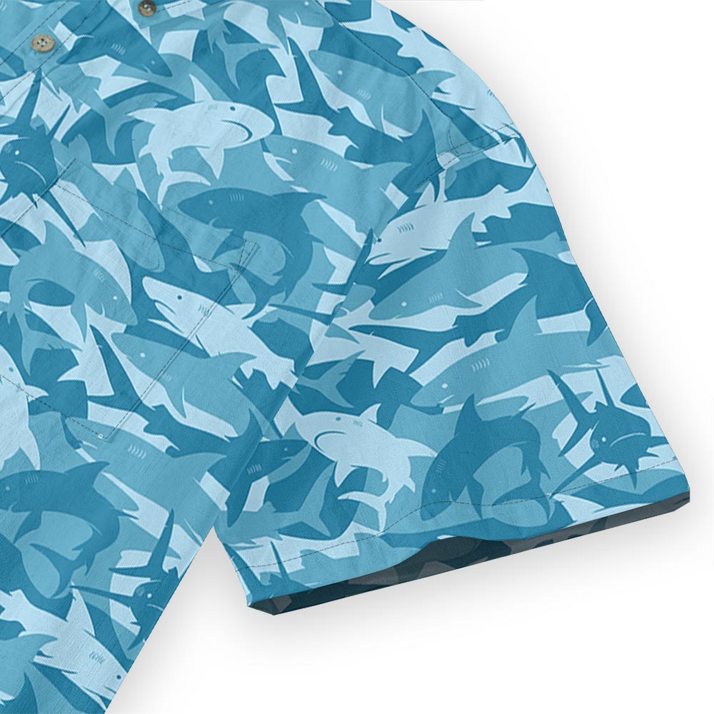 Blue Shark Print Men Button Down Hawaiian Shirt Cotton